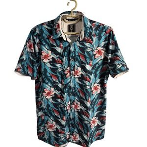 Fried Denim Mens Slim‎ Fit Tropical Floral Button Down Shirt Blue Pink Medium